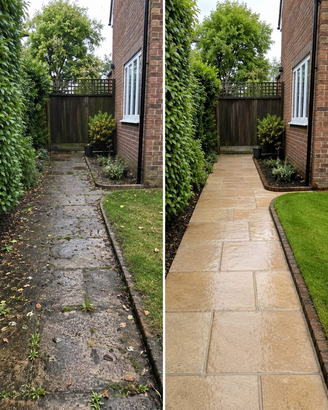 Before and after: garden path jet-washed from moss and grime back to clean stone