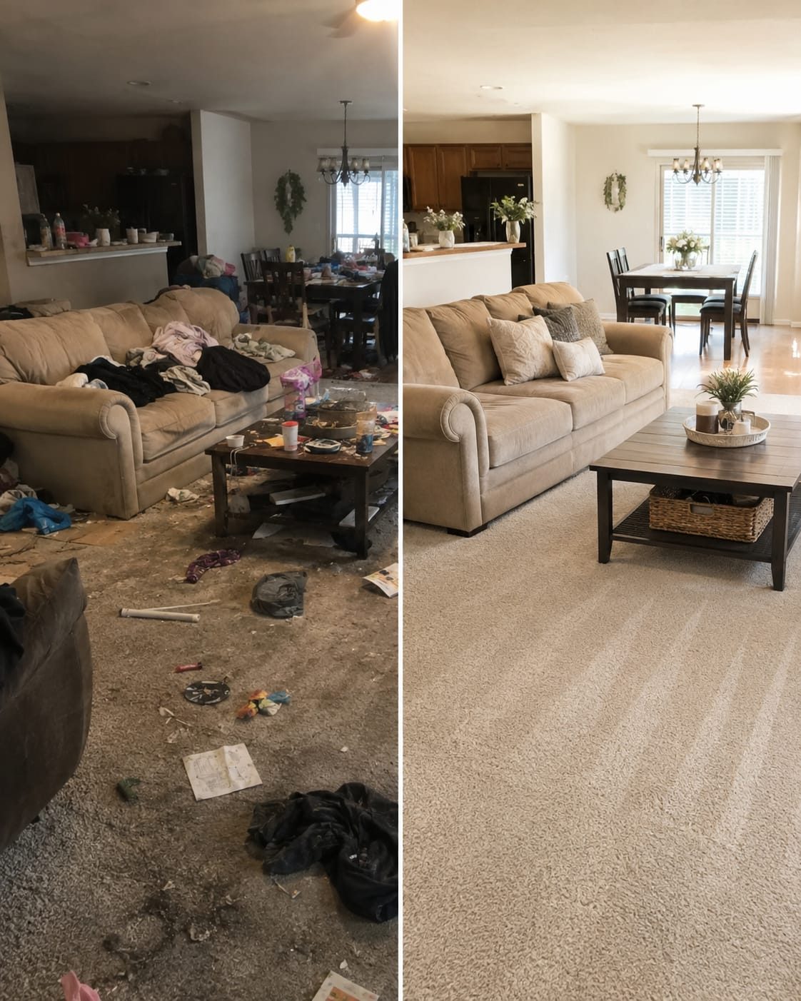 Before and after: open-plan living area cleared, deep-cleaned and staged for handover