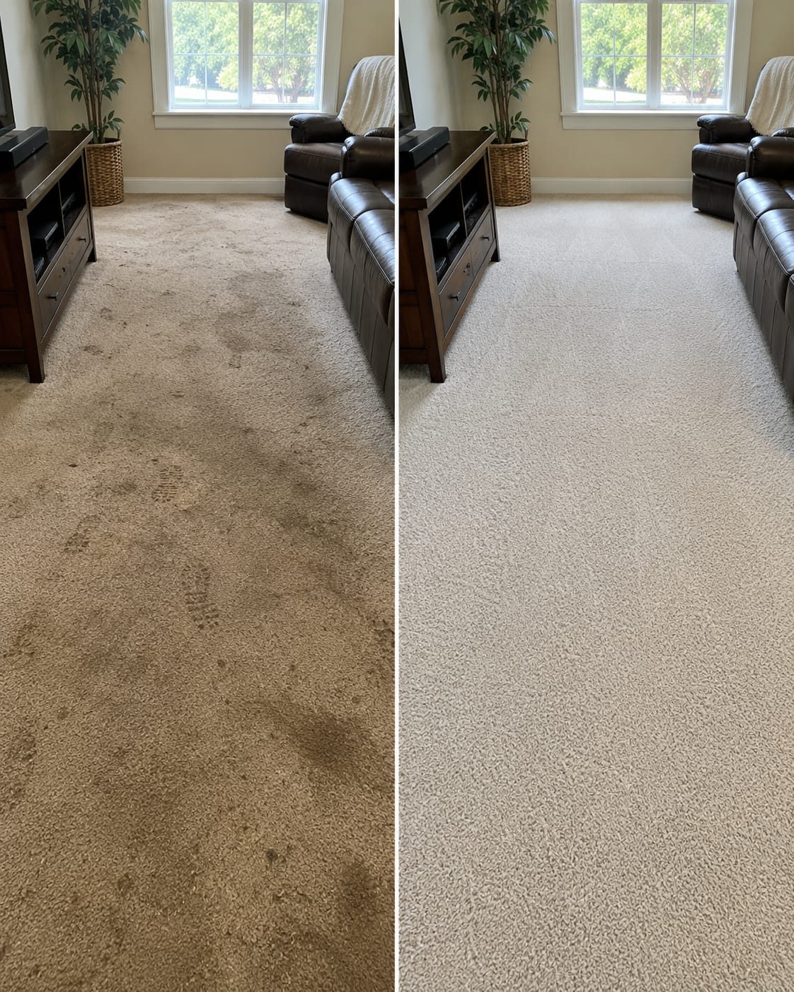 Before and after: living room carpet deep-cleaned from heavy soiling to a fresh even pile